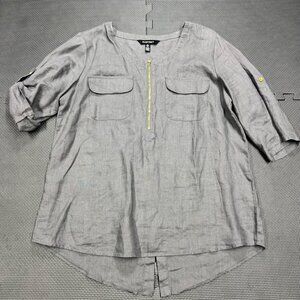 Ellent Tracey Gray Linen Tunic Top Womens 3/4 Sleeve Roll-Tab Pockets & Zip Fron